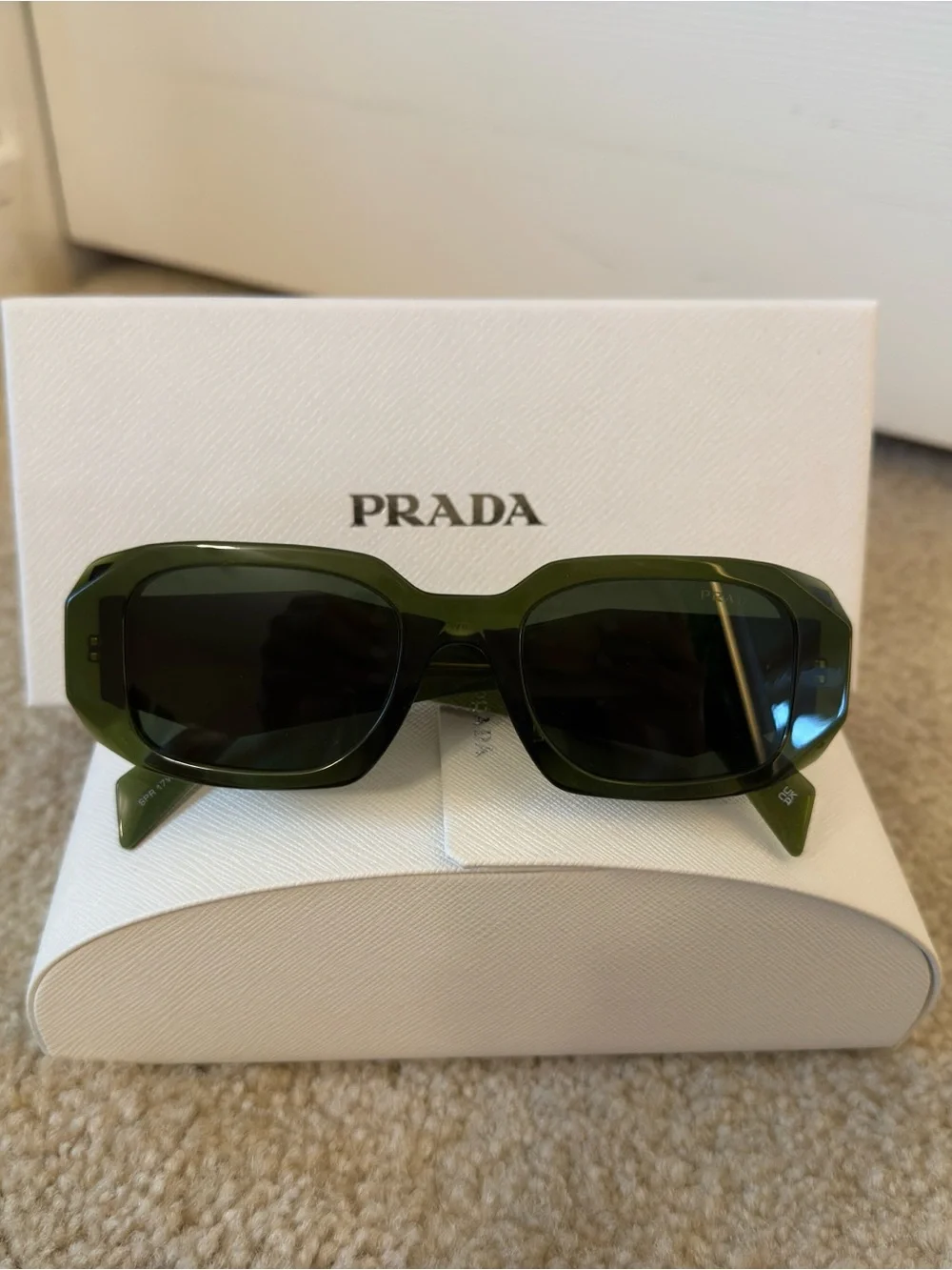 PRADA SPR 17W-F Rectangle Sunglasses Green Frame/Green Tinted Lenses UV400